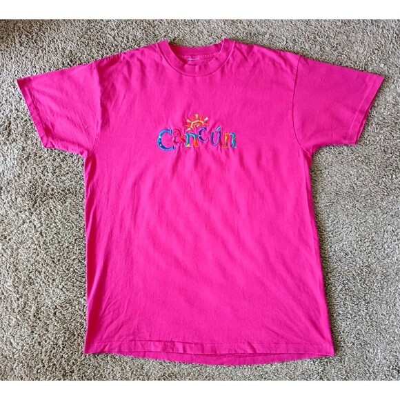Vintage Cancun T-Shirt Men's Large Pink Embroidered Short Sleeve - Picture 1 of 5